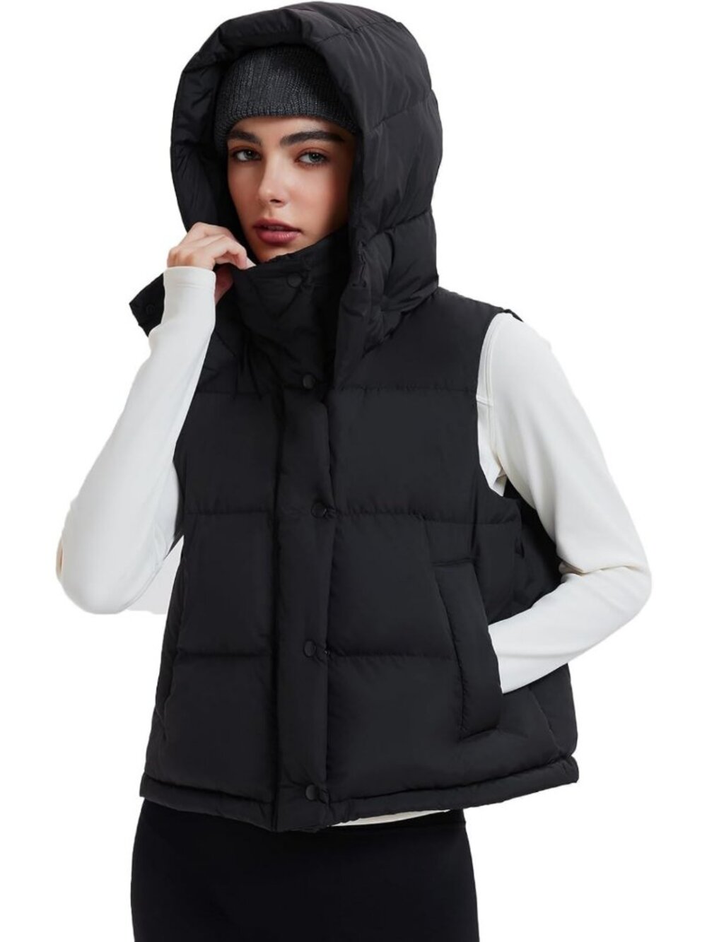 Lightweight Goose Down Cropped Puffer Vest with Removable Hood - Women's Winter
